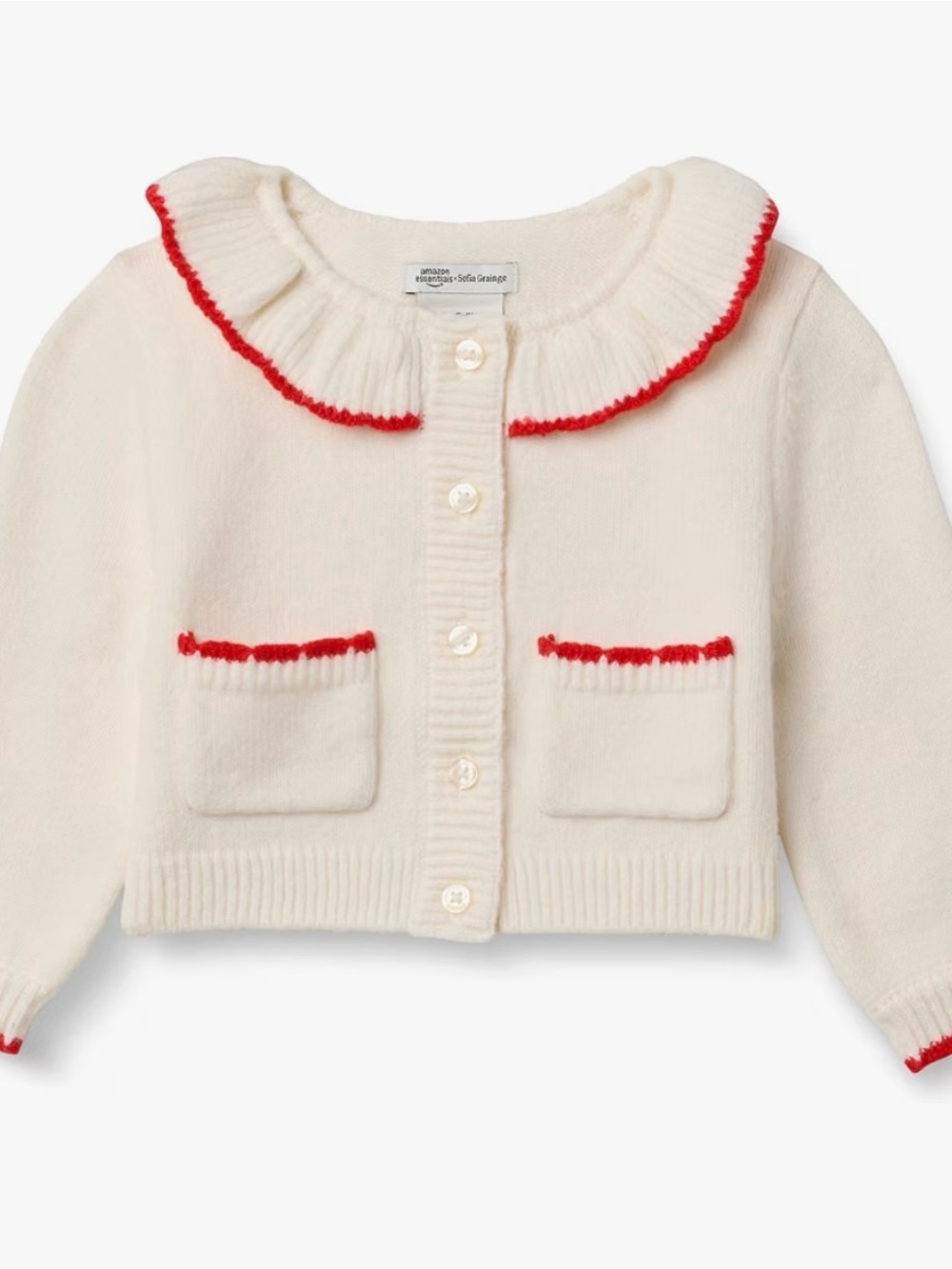 Baby Girl Cream Ruffle Neck Button-Front Cardigan with Red Trim